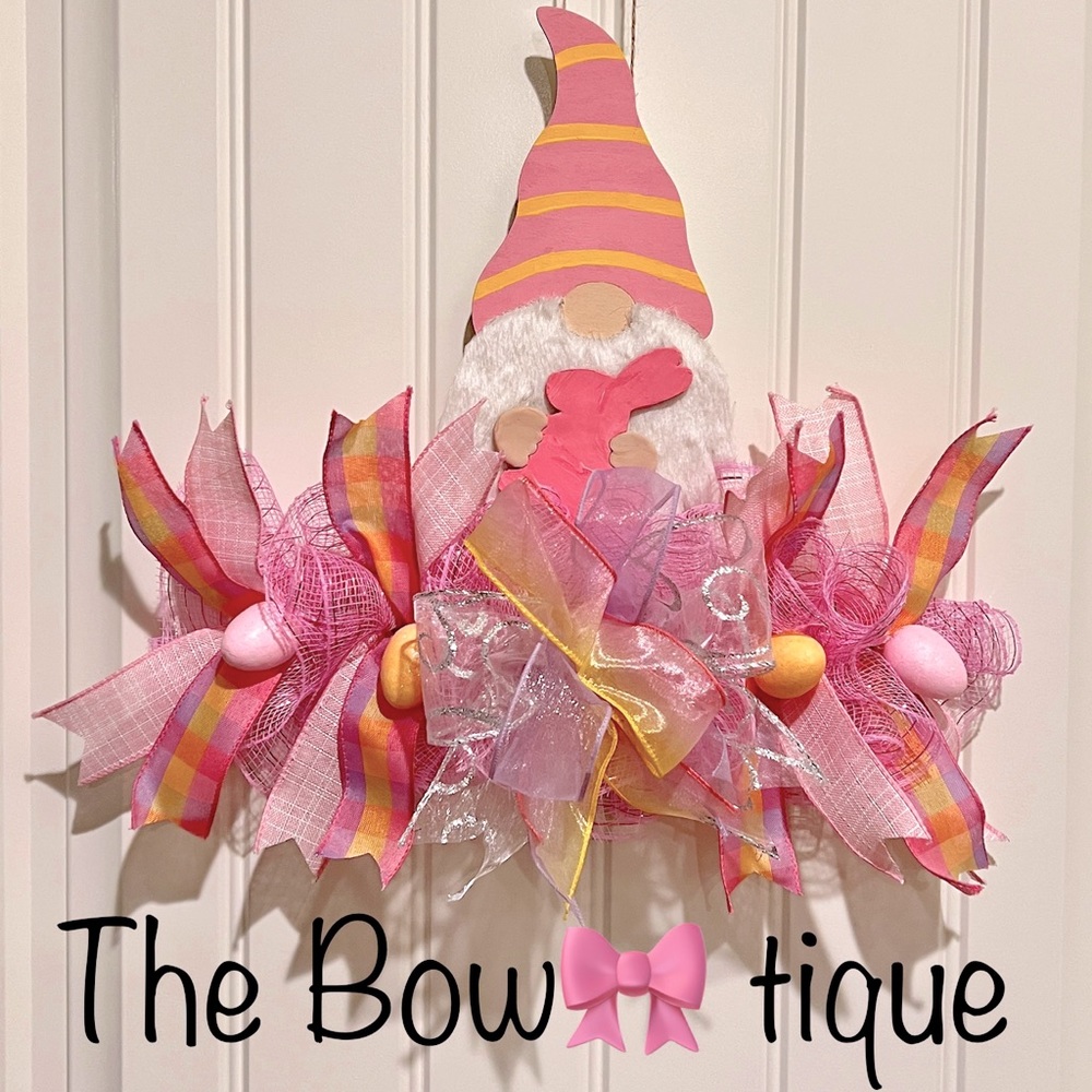 14” Easter Spring Ribbon Bow Wreath Rail Gnome Handmade Pink Orange Hndmd Gr2